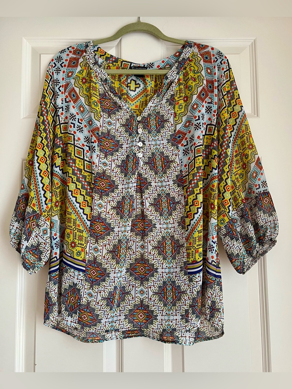 New Directions Vibrant Tribal Print Peasant Blouse in Yellow & Blue L
